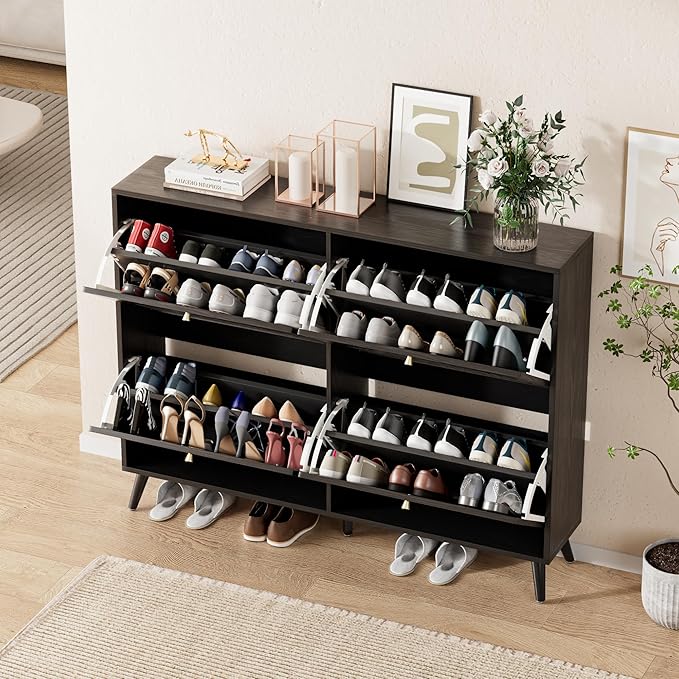 Fsbecl Shoe Storage Cabinet for Entryway with 4 Flip Drawers, Narrow Shoe Organizer with Fluted Panel, Freestanding Wood Hidden Shoe Cabinet (Black, 4 Flip Drawers)