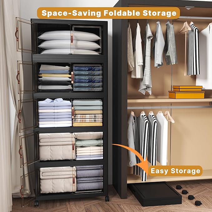 Extra Large Stackable Storage Bins with Lids & Wheels, Foldable Collapsible Closet Organizers Dark Storage Cabinet with Doors for Bedroom Dorm