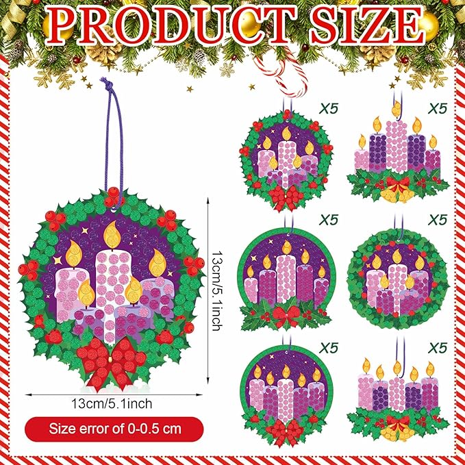 Baderke 30 Sets Christmas Advent Craft Kit Make Your Own Glitter Mosaic Advent Candle Craft DIY Glitter Mosaic Christmas Wreath Ornament for Xmas Home Activities