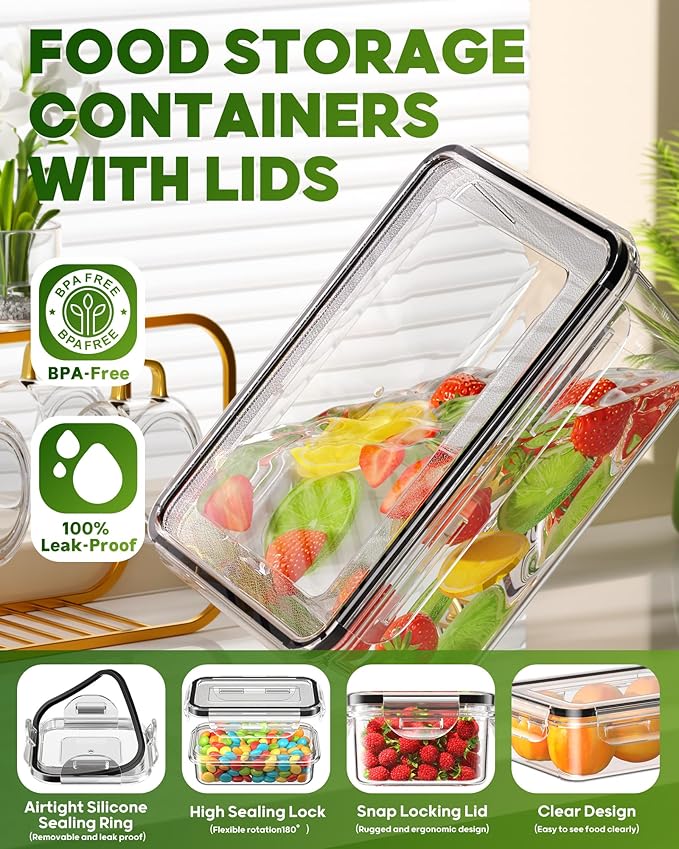 60 PCS Food Storage Containers with Lids, BPA-Free Plastic Food Containers for Kitchen Storage, Leak Proof, Reusable Meal Prep Containers with Labels & Pen