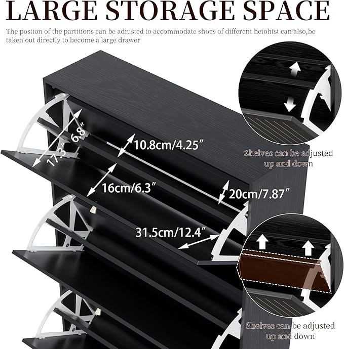 Fsbecl Shoe Storage Cabinet for Entryway with 3 Flip Drawers, Narrow Shoe Organizer with Fluted Panel, Freestanding Wood Hidden Shoe Cabinet for Hallway(Black, 31.4''W, Double Layer)
