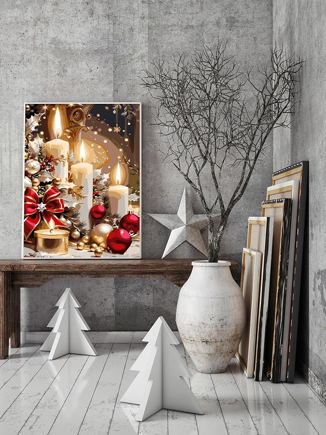 AREOPNMG Christmas Candles Paint by Numbers Kit for Adults Beginner DIY Winter Painting by Numbers Kits,with 3 Brushes and Acrylic Paint(Without Frame), Home Wall Decor 12 x 16 in