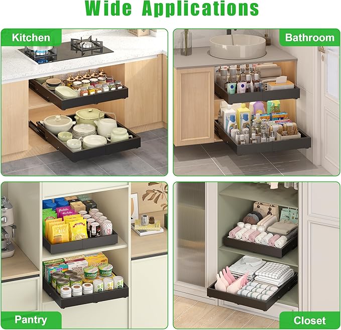 2 Pcs Pull Out Drawers for Cabinets Organizer Expandable Width(11.8"-19.4"), Depth(16.45"-21.7") With 3 Rails, No Drill Roll Out Drawer, Adhesive Sliding Drawers for Kitchen Pantry Storage (Black)
