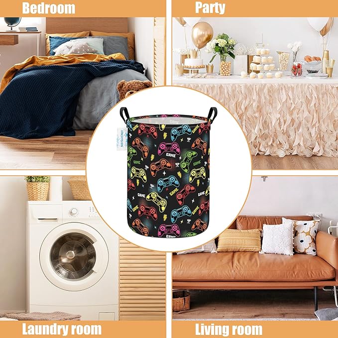 LANGYASHAN Laundry Basket Canvas Fabric Collapsible Organizer Basket for Storage Bin Toy Bins Gift Baskets Bedroom Clothes Children Nursery Hamper (Game)