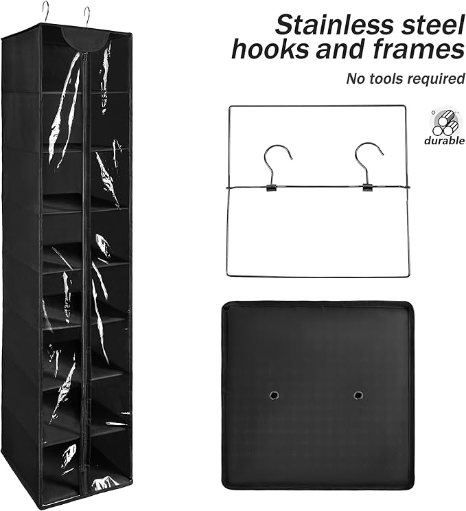 Coastal Rose 8 Tier Clear PVC Hanging Organizer With Zipper, Sweater Storage Shelves With Cover, Shoe Organizer for Closet, Black