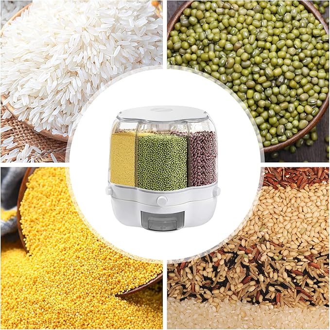 Rotating Grain Dispenser, Round Multigrain Tank Cup 6-Compartment Rice and Bean Dispenser, 17.64lb Cereal Grain Dispenser for Store Rice, Red Beans, Yellow Beans, Black Beans