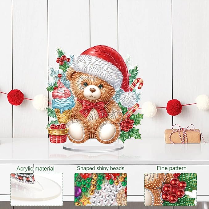 5D Diamond Art Painting Ornament Kits Christmas Bear Doll, DIY Diamond Painting Desktop Ornament, Special Shaped Crystal Rhinestone Diamond Art Tabletop Home Office Christmas Tree Decor (24x24.6cm)