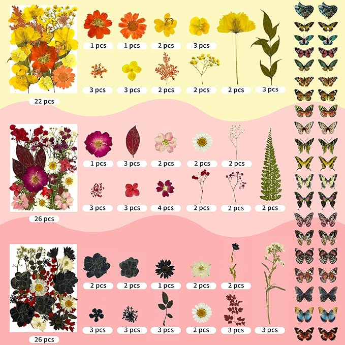 303Pcs Dried Pressed Flowers for Crafts, Dried Pressed Flowers for Resin, Natural Dried Flowers Kit with 80pcs Butterfly Stickers for DIY Resin Molds, Candles, Photo Frames, Jewelry Making, Art Crafts