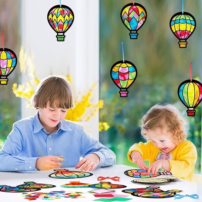 Tinlade 24 Sets Crafts Suncatcher Tissue Paper Craft Kit DIY Window Decor Make Your Own Cross Hanging Ornaments for Holiday Activities Party Favors(Hot Air Balloons)