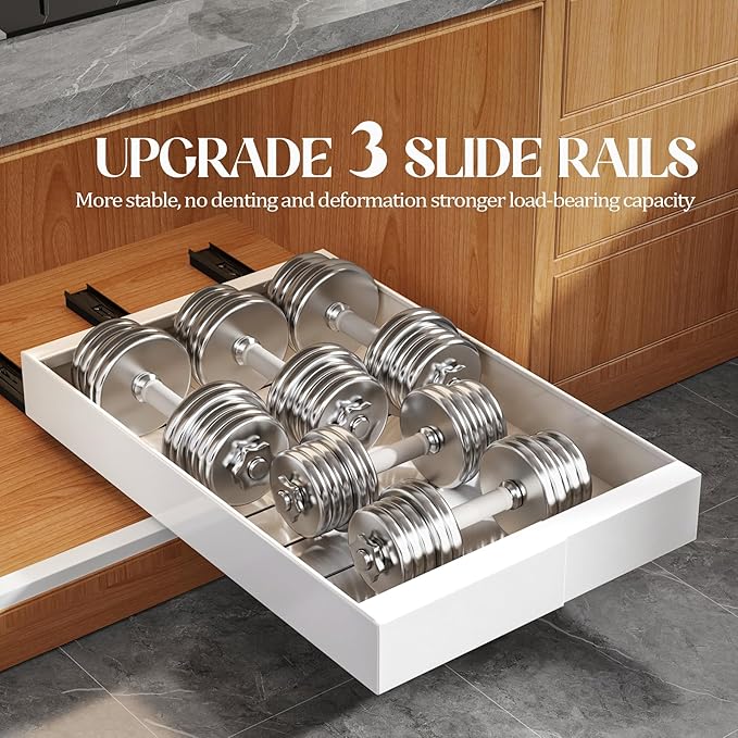 4 Pack Expandable Pull Out Cabinet Organizer 21" Deep With Raising Pad for Framed Cabinets,Upgrade 3 Slide Rails Slide Out Drawers,No Drill Roll Out Shelves,Adjustable Width 9"-14" White