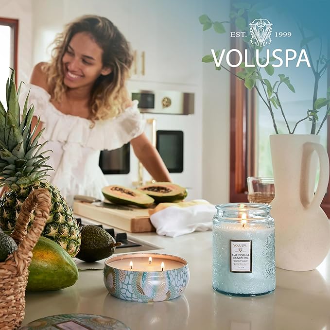 Voluspa California Summers Candle Jar, 18 oz, Coconut Wax Blend, Large Scented Candles for Home, 100 Hour Burn Time, Poured in The USA