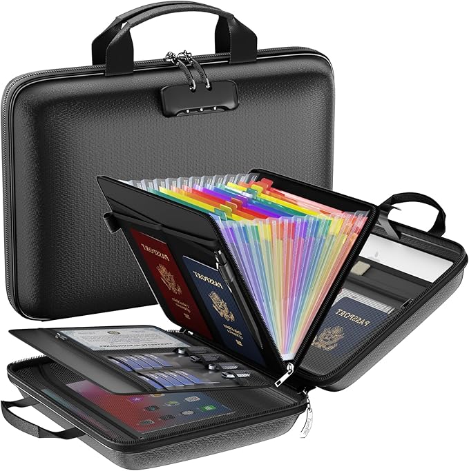 Fireproof File Organizer with Lock, Hard Case Fireproof Document Box with 13 Colorful Pockets Accordion File Folder, Important Document Organizer for Letter A4 Files Laptop Passports (Black)