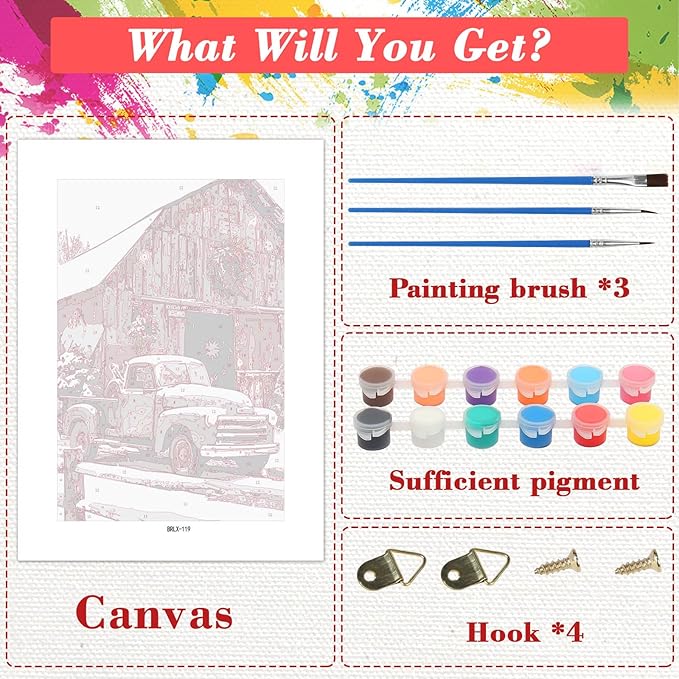 Skyboda Christmas Paint by Numbers Kit for Adults Beginners with Frame, Farmhouse Truck Adult Paint by Number Kits on Canvas, Easy DIY Oil Painting Kits for Home Decor, 8x12in