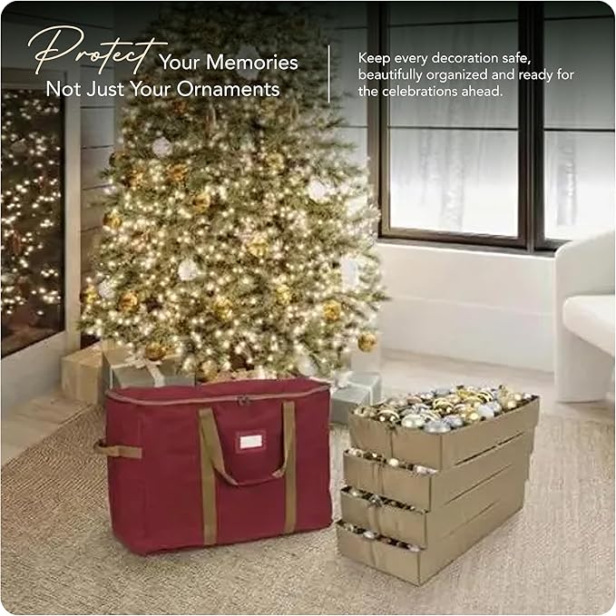 Covermates Keepsakes Adjustable Ornament Storage Bag – Heavy-Duty Polyester, Padded Dividers & FlexGrid Trays – Protective Holiday Ornament Organizer with Handles & Label Window, Red