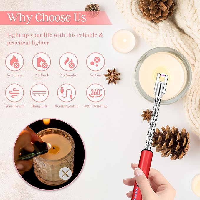 Electric Lighter, Candle Lighter Flameless Windproof with 360° Flexible Neck & LED Power Display, Type C Arc Rechargeable Lighters for BBQ, Camping, Cooking, Gift for Christmas, Thanksgiving, Birthday