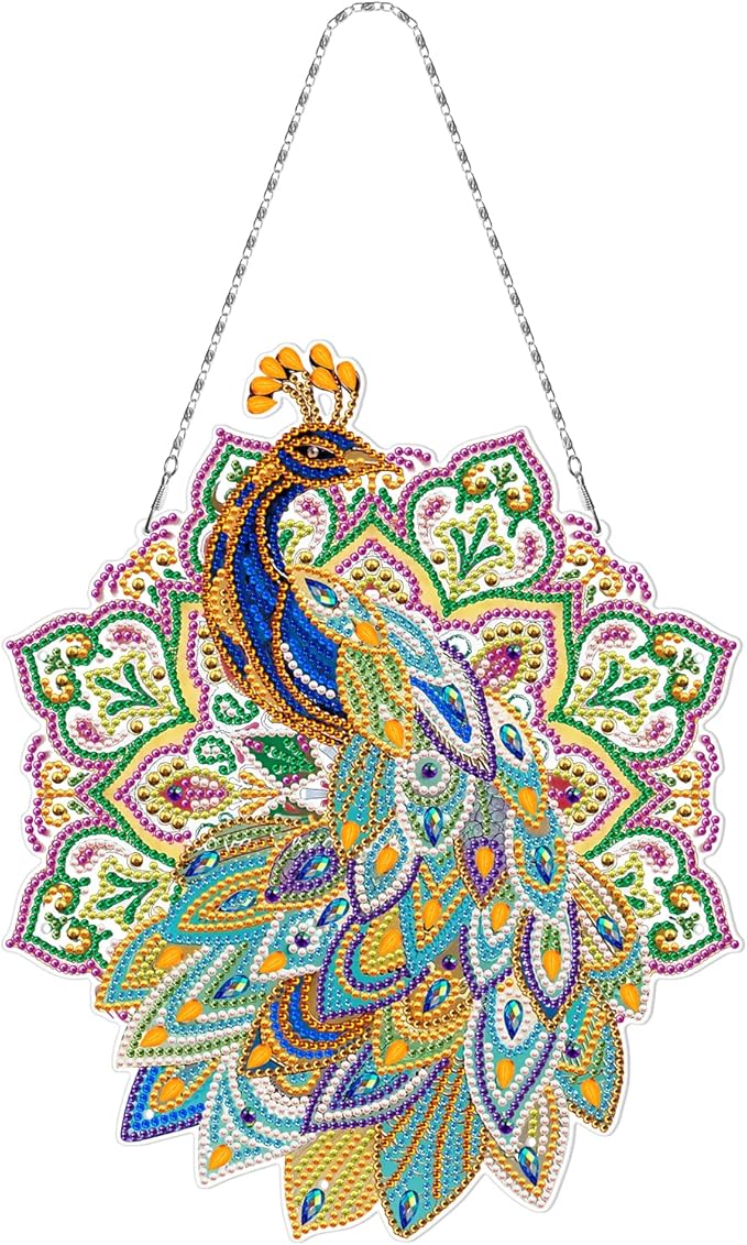 Diamond Art Painting Peacock Hanging Signs with LED Light String DIY 5D Peacock Diamond Art Wreath Hanging Pendant Special Shaped Beads Paint by Number Mosaic Kits for Garden Home Wall Spring Decor