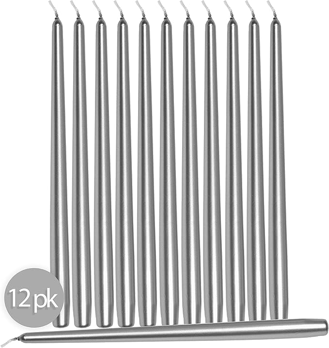 Hyoola 12 Pack Tall Metallic Taper Candles - 10 Inch Silver Metallic, Dripless, Unscented Dinner Candle - Paraffin Wax with Cotton Wicks