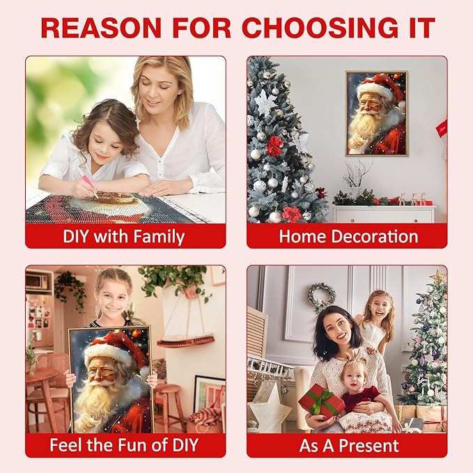 MEIYUDA Christmas Diamond Painting Kits for Adults, 5D Santa Claus Diamond Art Kits for Beginners, DIY Gem Art Crystal Painting for Home Wall Decor and Present 12x16inch