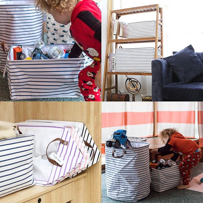 Hinwo 31L Large Storage Bins, Closet Organizers and Storage, Shelf Baskets, Foldable Clothes Storage Baskets with Handles, Containers for Clothing, Blanket, Towels, Toys, Bedding (Navy Stripe)