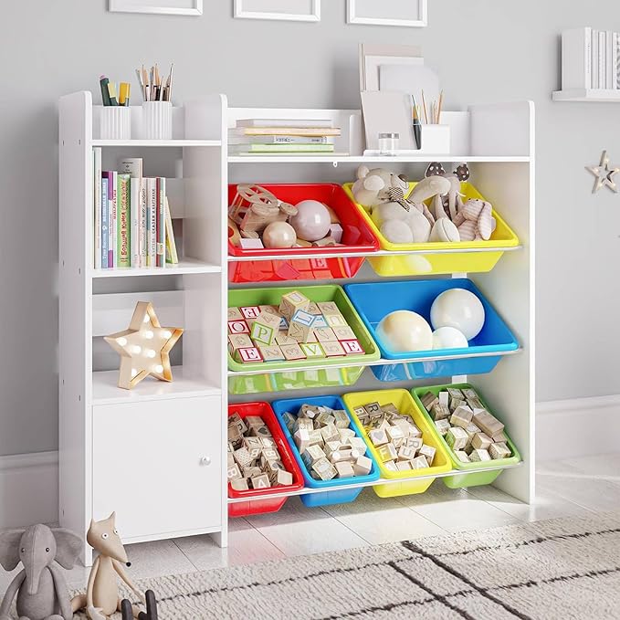 Toy Storage Organizer with Bookshelf, Kids Playroom Organization Shelving Unit with Removable Colorful Storage Bins & Anti-Tip Bracket, Multi-Color