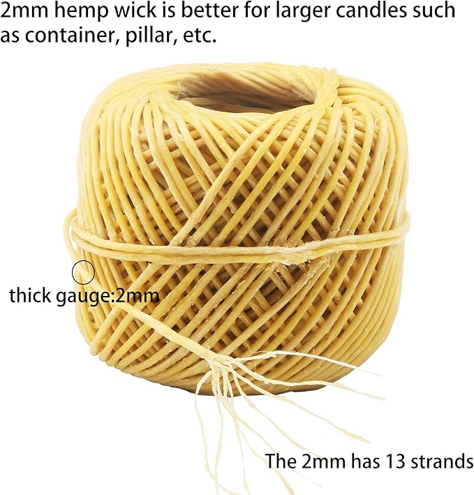 MILIVIXAY 100% Organic Thick Hemp Candle Wick with Natural Beeswax Coating, 200 FT Spool, Thick Size (2.0mm)+ Wick Sustainer Tabs (200PCS).