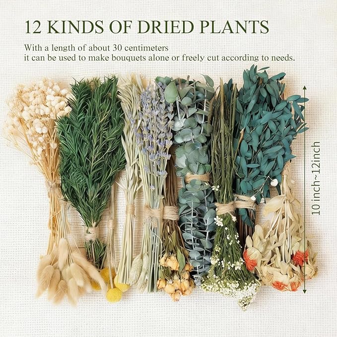 12 Kinds of Handmade Dried Flowers, Natural Pampas Grass, Eucalyptus, Rabbit Tail Grass, Lavender, Romantic Wedding Decoration, Home Decoration（Green Series）