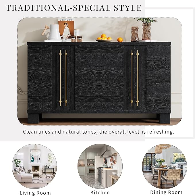 Amposei Modern Sideboard Cabinet 60-Inch Wood Credenza Console Storage Cabinet Dining Buffet Table with 4 Doors and Adjustable Shelves for Living Room Entryway, Black