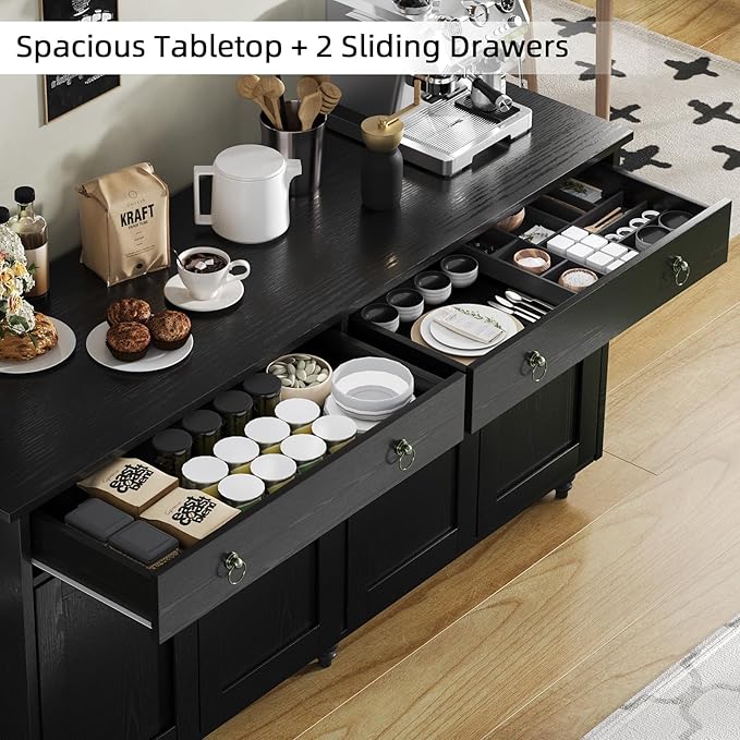 4 EVER WINNER Buffet Cabinet with Storage, 55" Black Sideboard Buffet Cabinet with Drawers and Doors, Coffee Bar for Dining Room