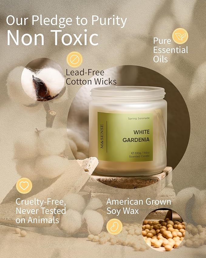 M&SENSE White Gardenia Scented Candle, 11.6oz Natural Soy Wax Non Toxic, 70-Hour Long Lasting Burn Time, 2-Wick Aromatherapy Gifts for Her, Spring Home Refresh & Romance