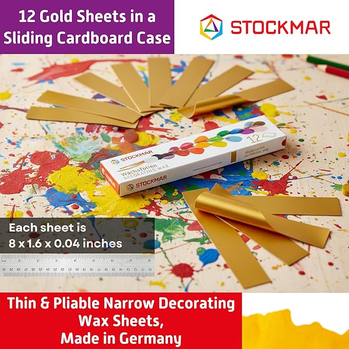 Stockmar Decorating Beeswax Narrow Sheets - Gold, Box of 12 Sheets of Modeling Beeswax for Candle Making Kit, DIY Crafts for Adults, Stocking Stuffers for Kids, Teens at Home Or School