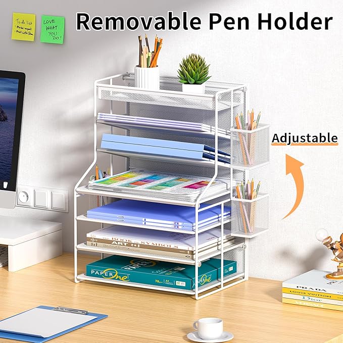7 Tier Desk File Organizer – Vertical File Organizer for Desk with Removable Pen Holder & Adjustable Drawer – Metal Document Organizer for Office, Simple Trending Design – White