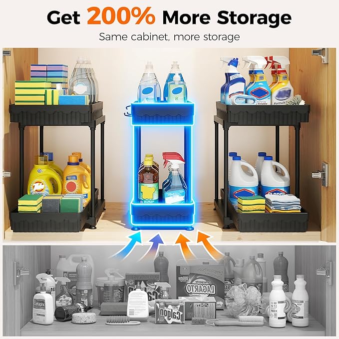 3 Pack Under Sink Organizer, 2 Tier Slide Out Bathroom Cabinet Organizer, Multi-Purpose Storage Shelf for Kitchen, Black, 14.8Inch