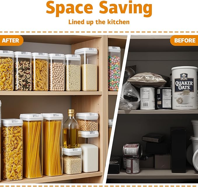 Airtight Food Storage Containers with Lids 7 pcs Plastic Kitchen and Pantry Organization Canisters for Cereal, BPA Free Kitchen Canisters for Spaghetti, Pasta, Dry Food, Flour and Sugar