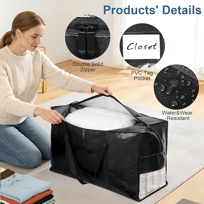 3Pcs Extra Large Heavy Duty Moving Bags with Reinforced Zippers & Handles, 67L Waterproof Storage Tote Bag Bins Alternative to Box Moving Supplies Space Saving for Travel College Dorm Essentials Black