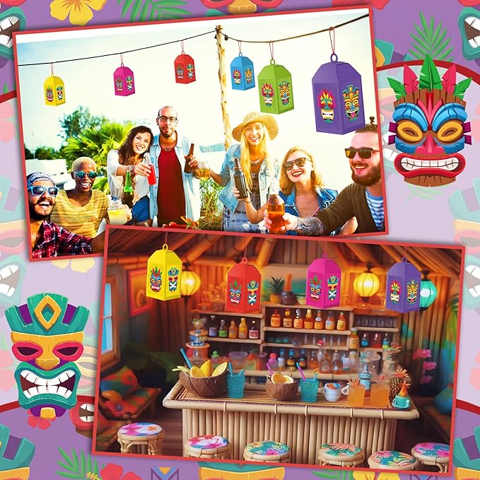 Simgoing 24 Sets Tiki Crafts with LED Candle Light Hawaii Party Decors Tiki Tissue Paper Crafts Kits DIY Your Own Tropical Totem Box Lanterns Hanging for Home Summer Luau Themed Art Party Decorations