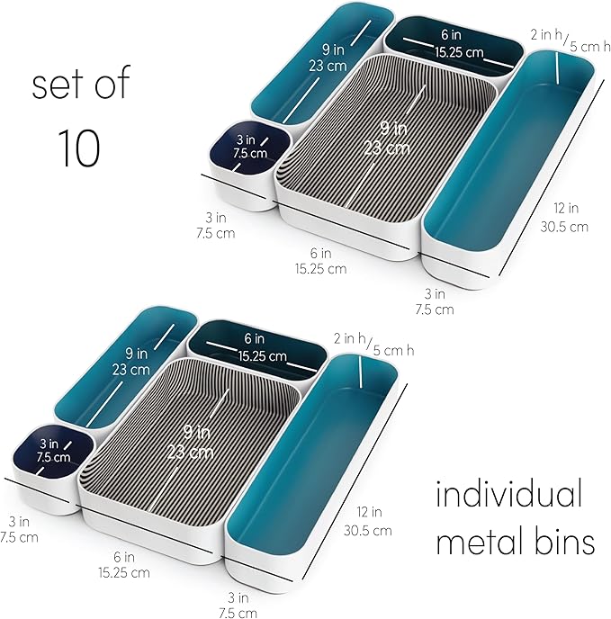 Three by Three Seattle 10 Piece Metal Organizer Tray Set for Storing Makeup, Stationery, Utensils, and More in Office Desk, Kitchen and Bathroom Drawers (2 Inch, Assorted Blue and Stripes)
