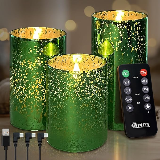 Rechargeable Flameless Candle, Flickering LED Pillar Glass Fake Candle with Remote and Timer, Built-in Battery Real Wax Electronic Candle for Room Decoration, Set of 3