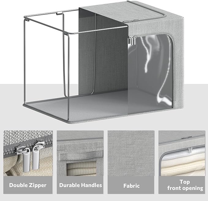 CYhom 4 Pack Clothes Storage Bins with Metal Frame - Linen Fabric Foldable Stackable Container Organizer Set with Clear Window & Carry Handles & Zippers (Light Grey, 23.6"x16.5"x15.7")