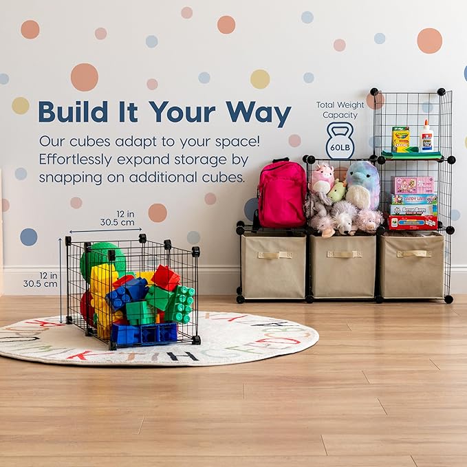 IRIS USA 6-Cube Modular Wire Cube Storage Organizer, Adjustable & Expandable Metal Shelving for Closet, Bathroom & Home Storage, Stackable Wire Grid, Black