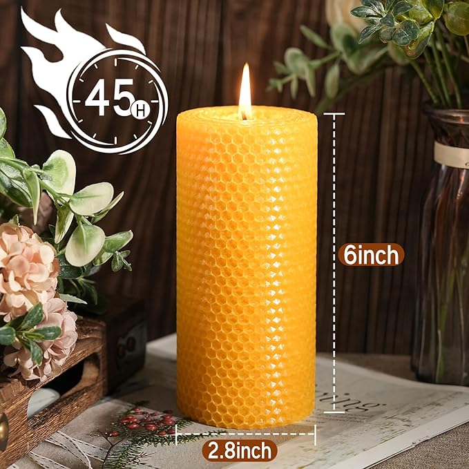8 Packs Handmade Beeswax Candles, 360 Hours Beeswax Pillar Candles Handcrafted Honeycomb Bees Wax Candle for Home, Prayer, Unscented Candles (2.8x6 in)