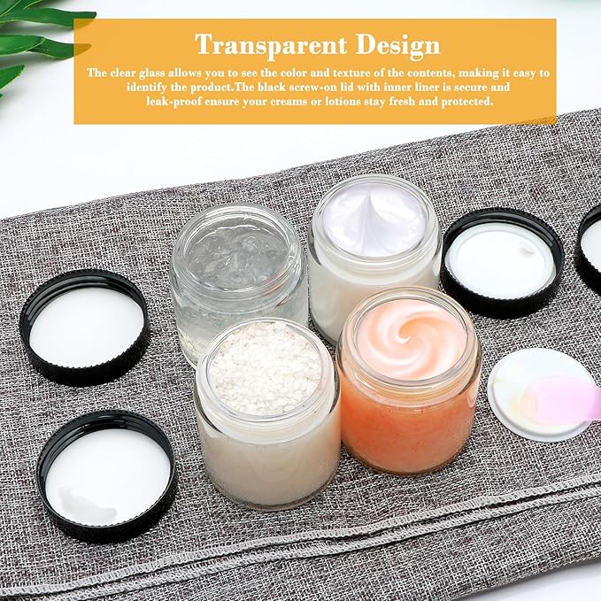 4oz Glass Clear Cosmetic Jars with Black Lids,Empty Small Glass Jars with Inner Liners,Round Travel Sample Container for Cream,Lotion,Ointments,Candle Making,Set of 25