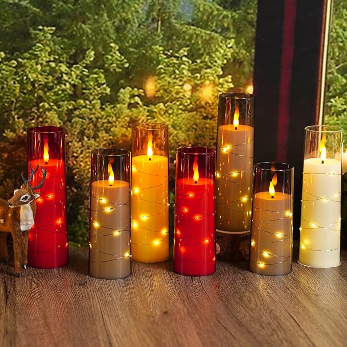 Sasigeiaa Flameless Candles with Embedded Star String - Battery Operated LED Candles, with Remote,12 Grey Flickering Candles for Christmas, Weddings, Home Decor & Party,(D 2.3"×H 5" 6" 7")