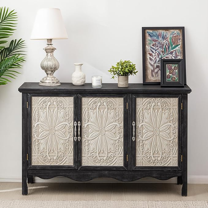 RoyalCraft Buffet Cabinet with Storage, Vintage Solid Wood Sideboard with 3 Carved Doors, Painted Coffee Bar Console Table for Dining Room, Living Room, Kitchen, Black