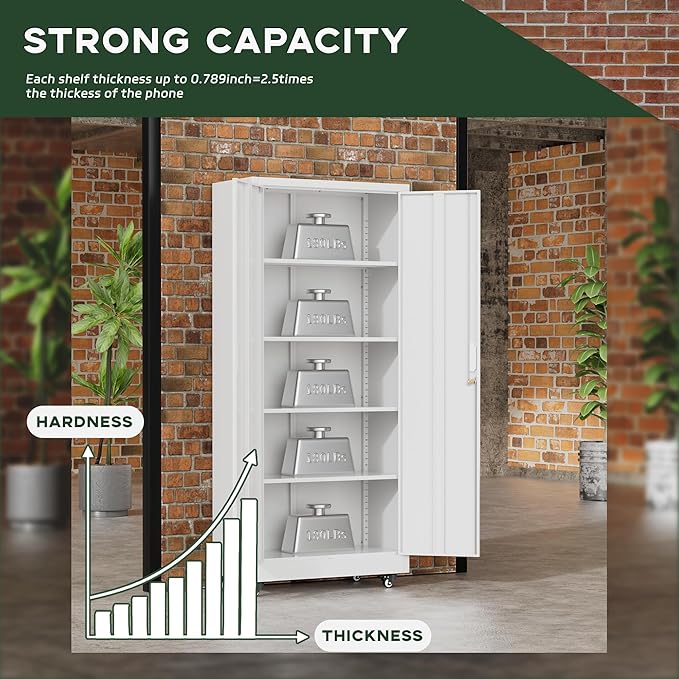 Greenvelly 73" Metal Storage Cabinet with Wheel, Lockable White Metal Garage Cabinets with 2 Doors and 4 Adjustable Shelves, Rolling Steel Tool Cabinet for Garage, Home Office, School