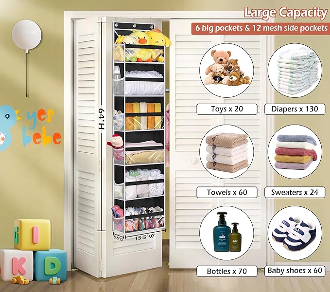 MISSLO Back of Door Storage Organizer Hanging with 6 Large Pockets 12 Side Pockets Closet Door Organizer Baby Organization for Bathroom, Pantry, Bedroom, Nursery, Clothes, Toys, Diapers, Black