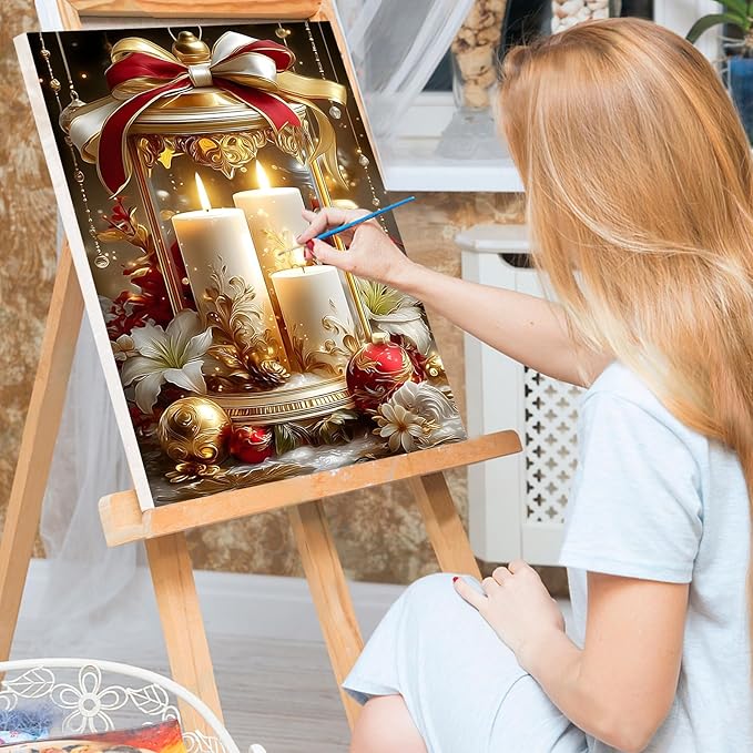 Bowetile Christmas Paint by Numbers for Adults Beginners Framed, Candles Adults' Paint-by-Number Kits, Adult Paint by Number Kits on Canvas, Acrylic Number Painting for Home Decor, 8x12in