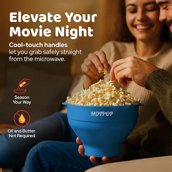 The Original Hotpop Microwave Popcorn Popper, Silicone Popcorn Maker, Collapsible Bowl BPA-Free and Dishwasher Safe- 20 Colors Available (Azure)