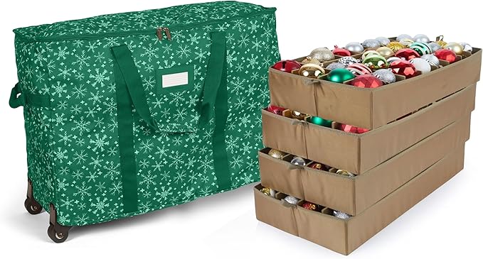 Covermates Keepsakes Rolling Adjustable Ornament Storage Bag – Heavy-Duty Polyester, FlexGrid Trays & Padded Dividers – Protective Holiday Organizer with Wheels, Handles & ID Window, Green Snowflake