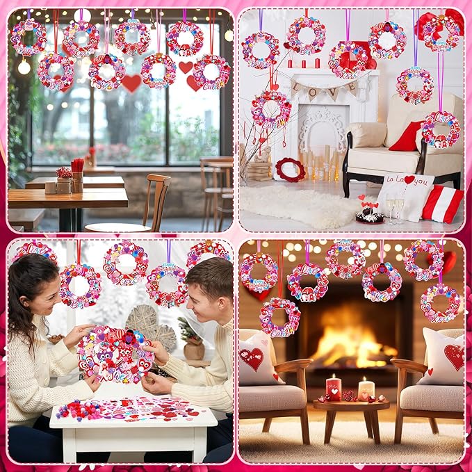 Hollowfly 48 Sets Valentine's Day Wreath Craft Kits DIY Heart Wreath Hanging Ornaments Valentines Make Your Own Paper Craft for Valentine's Day Home Party Activities