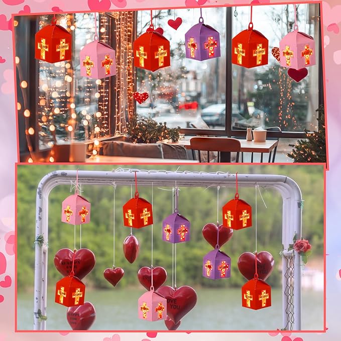 Simgoing 12 Sets Religious Valentine's Day Crafts with LED Candlelight Valentine's Day Cross Tissue Paper Crafts Kits DIY Cross Suncatchers Lanterns Hanging for Sunday School Christian Decoration
